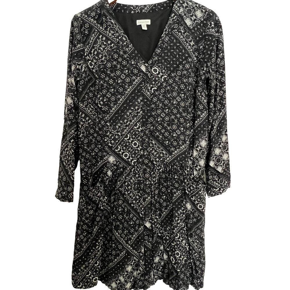 Garnet Hill Dress 4 Black Print Long Sleeve Button Front Pockets Drop Waist